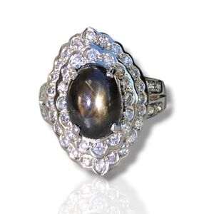 Sterling Silver Black Star Sapphire Cabochon Ring Surrounded of CZ Stones 6.5